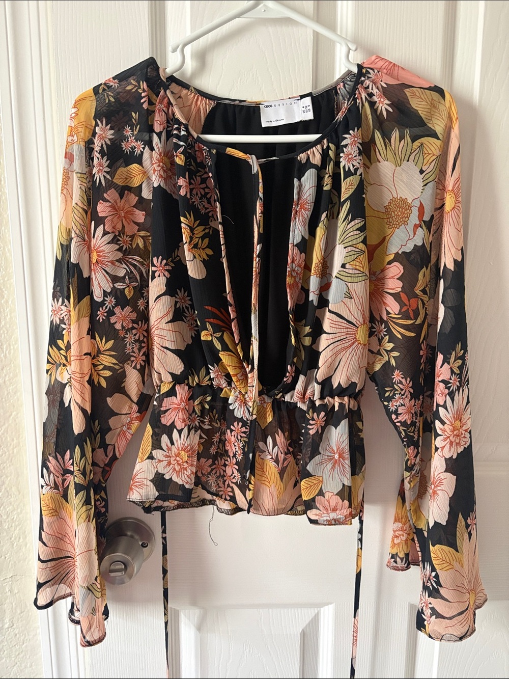 ASOS Black Floral Tie-Front Blouse with Pink and Yellow Blooms